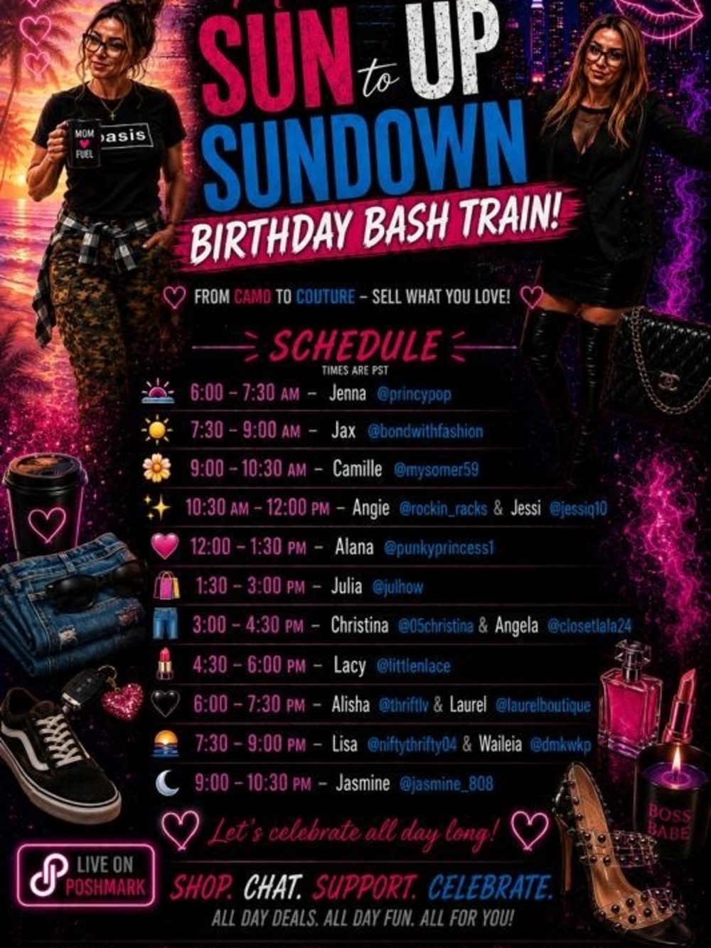 Sun to Sundown Birthday Bash Graphic Tee - Black & Hot Pink/Blue Accents
